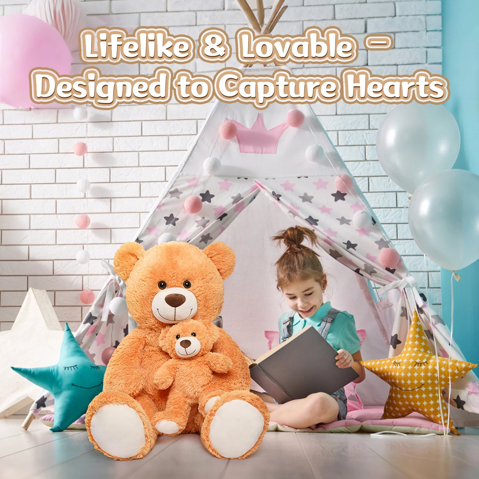 Giant Teddy Bear 39" – Large Mom & Baby Stuffed Animal Plush for Baby Shower, Orange