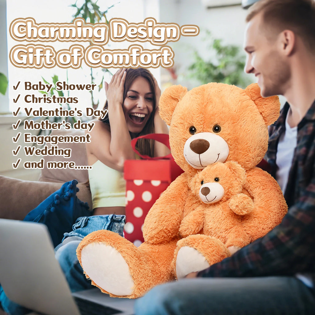Giant Teddy Bear 39" – Large Mom & Baby Stuffed Animal Plush for Baby Shower, Orange