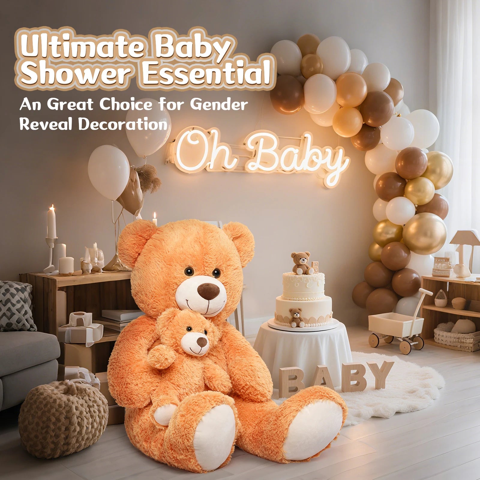 Giant Teddy Bear 39" – Large Mom & Baby Stuffed Animal Plush for Baby Shower, Orange