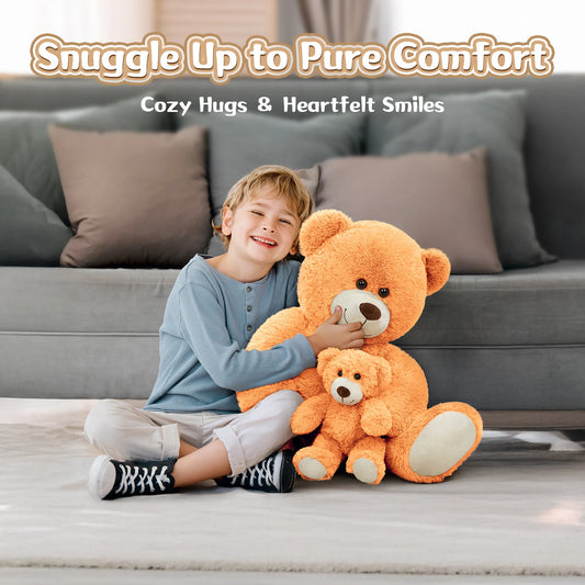 MorisMos Mom and Baby Giant Teddy Bear, 39inch Large Teddy Bears Stuffed Animal Plush for Baby Shower, Orange